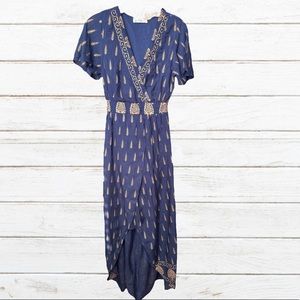 Lapogee Navy Blue  Gold Feather Maxi Dress